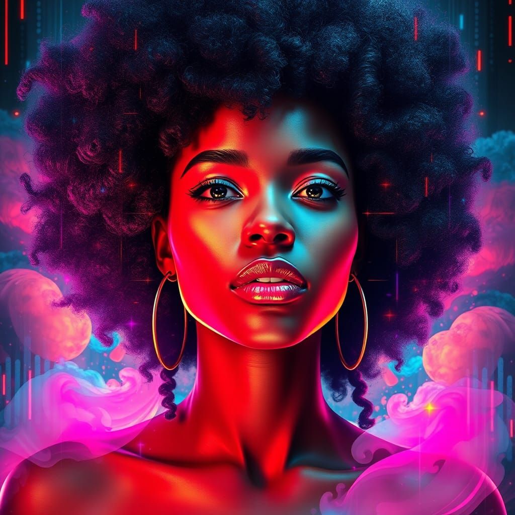 Cyberpunk Woman Portrait with Pixel Cloud