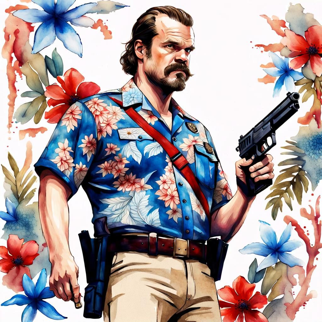 Jim Hopper Confronts Demogorgon in Watercolor