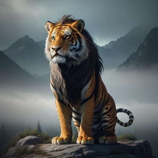 Majestic Lion-Tiger Hybrid on Misty Peak