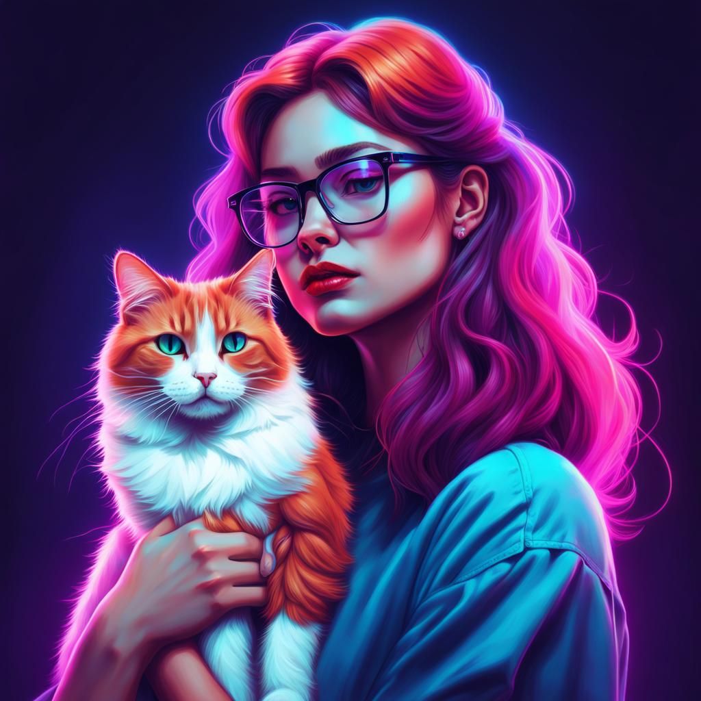 Ethereal Girl with Cat in Synthwave Style