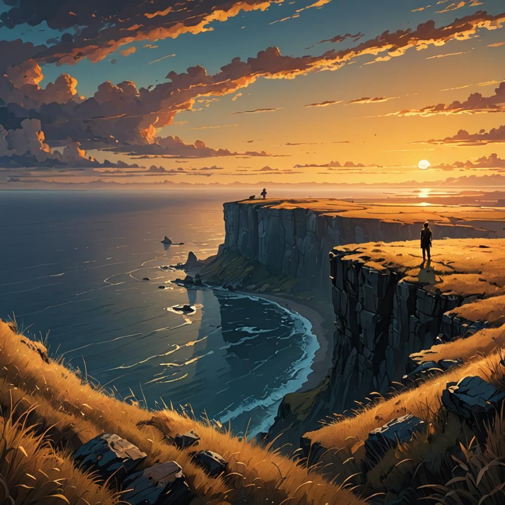 Lonely Figure Overlooks Still Ocean in Fantasy Landscape