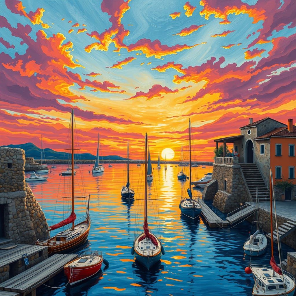 Surreal Sunset Unfolds over Bustling Harbor in Gouache Style