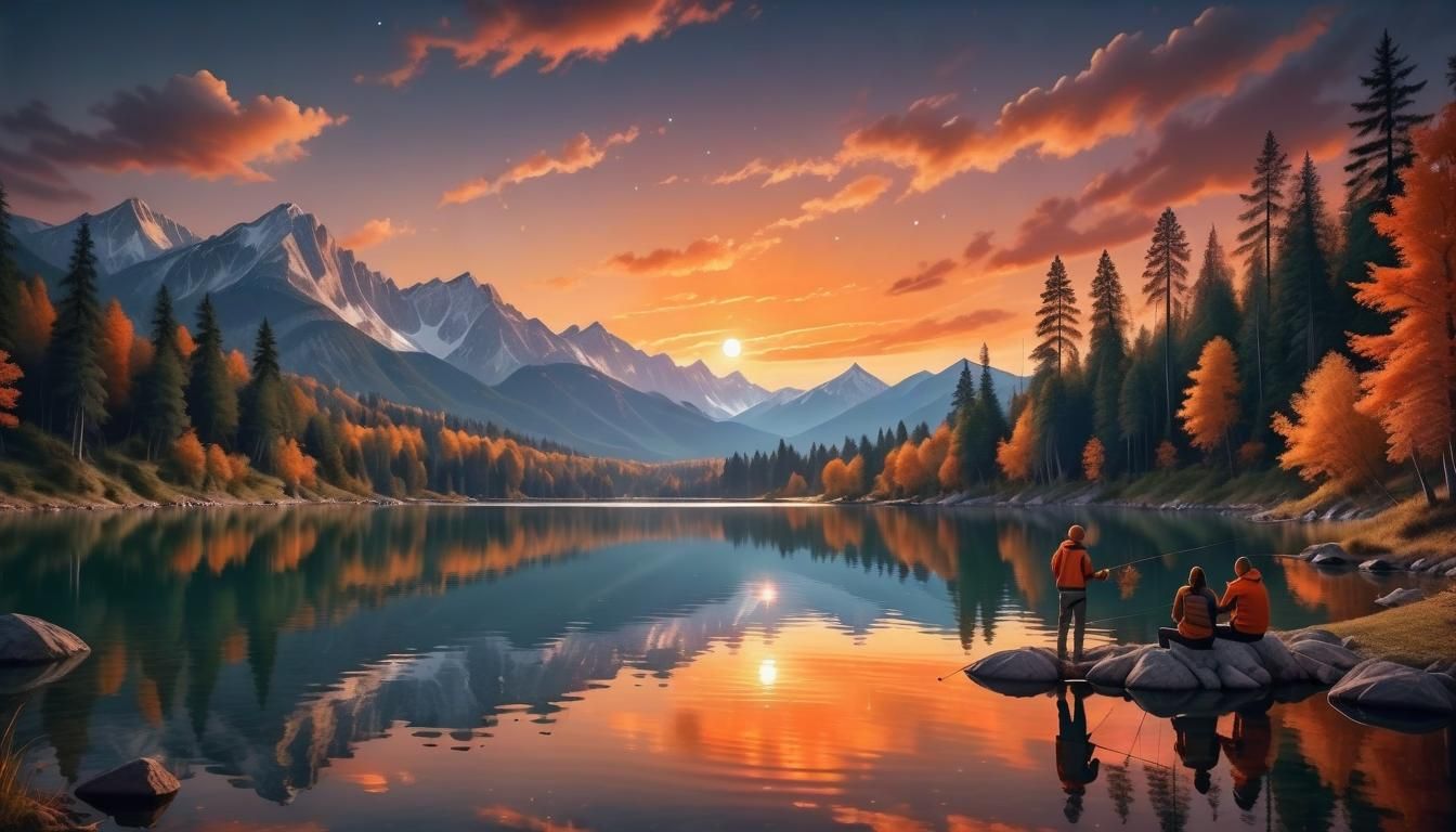 Friends Fishing at Sunset Under Starry Night Sky