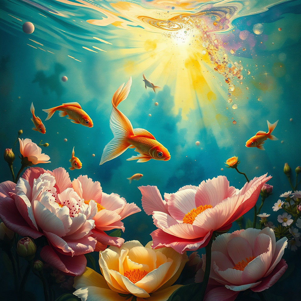 Surreal Fish in Blanket with Gold Peonies