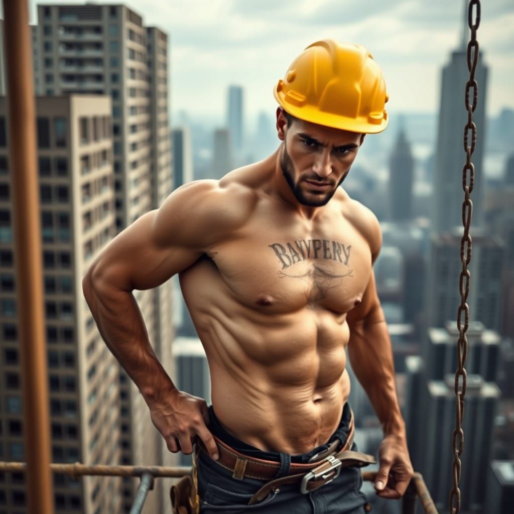 Handsome Construction Worker on Skyscraper Scaffolding