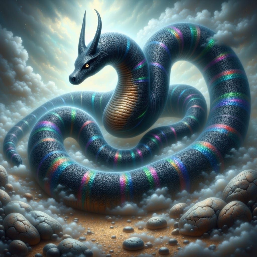 Majestic Rainbow Serpent Unfurls in Dreamlike Landscape