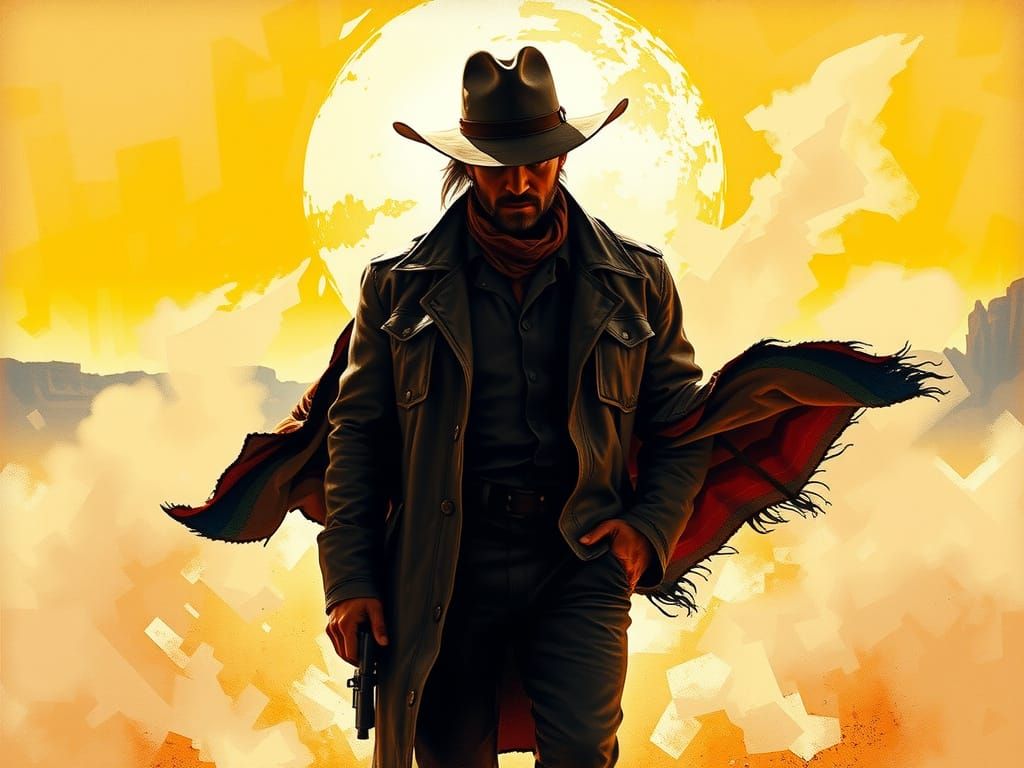 Sun-Scarred Cowboy Rides into the Desert Twilight