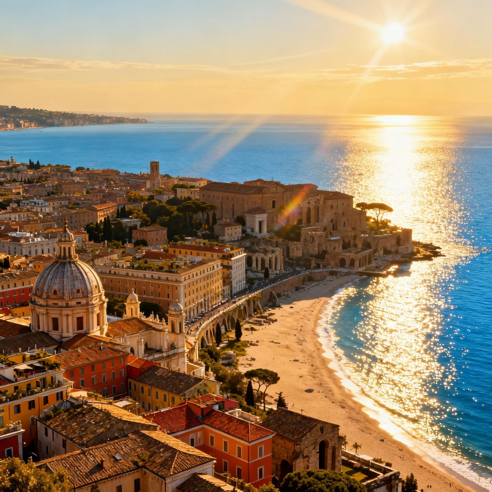 Panoramic Rome Overlooking Sunlit Beach and Sea