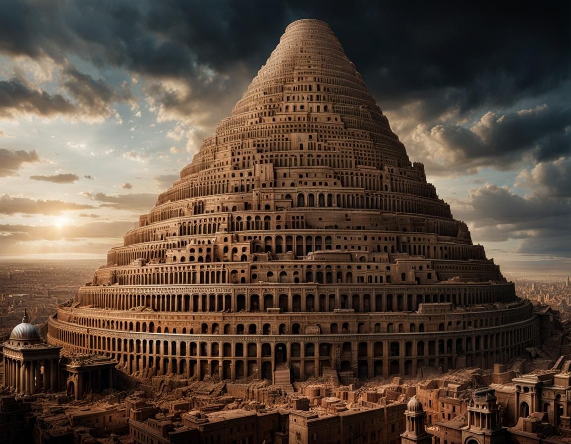 Detailed Tower of Babel in Hyperrealistic Style
