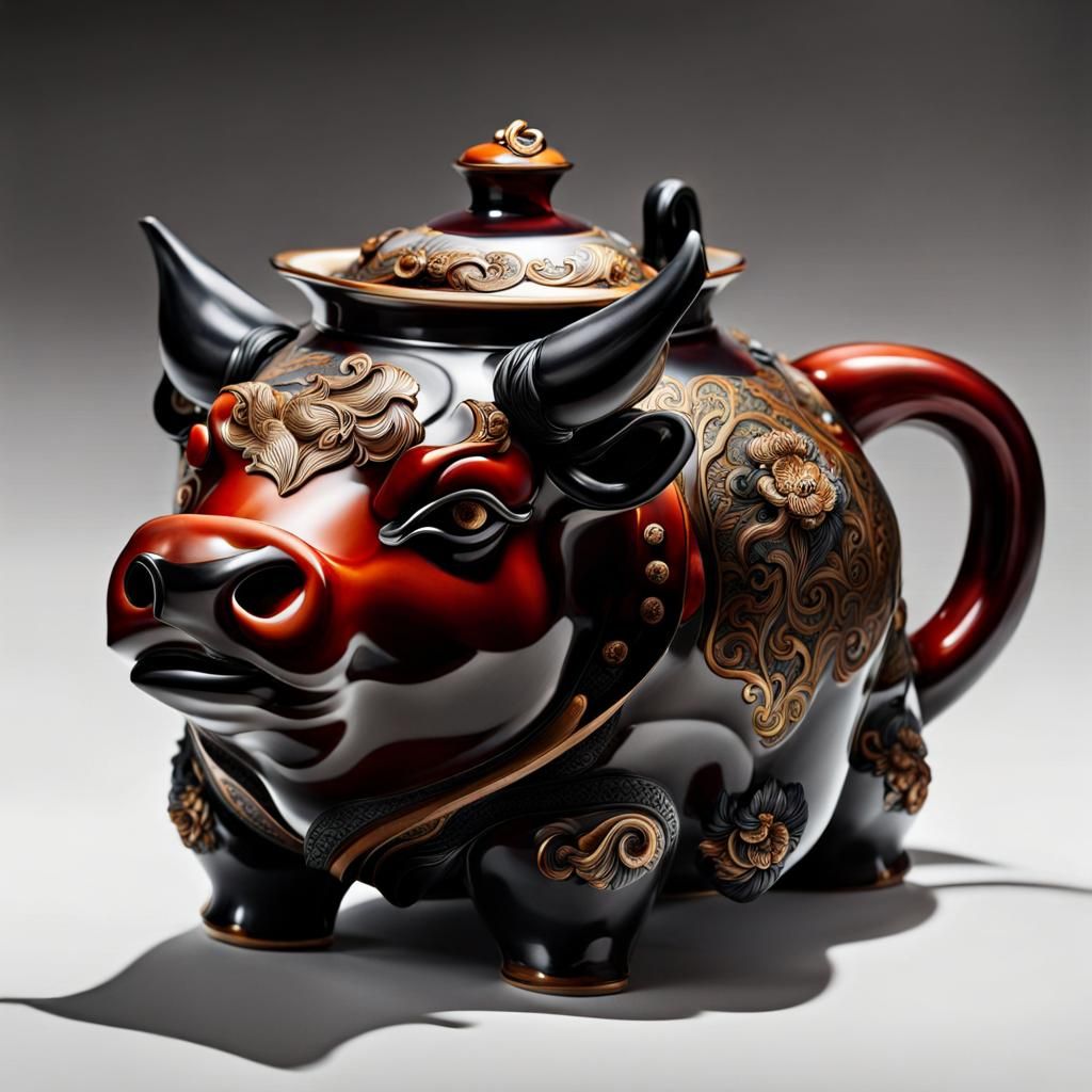 Ornate Bull Teapot Amongst China Settings