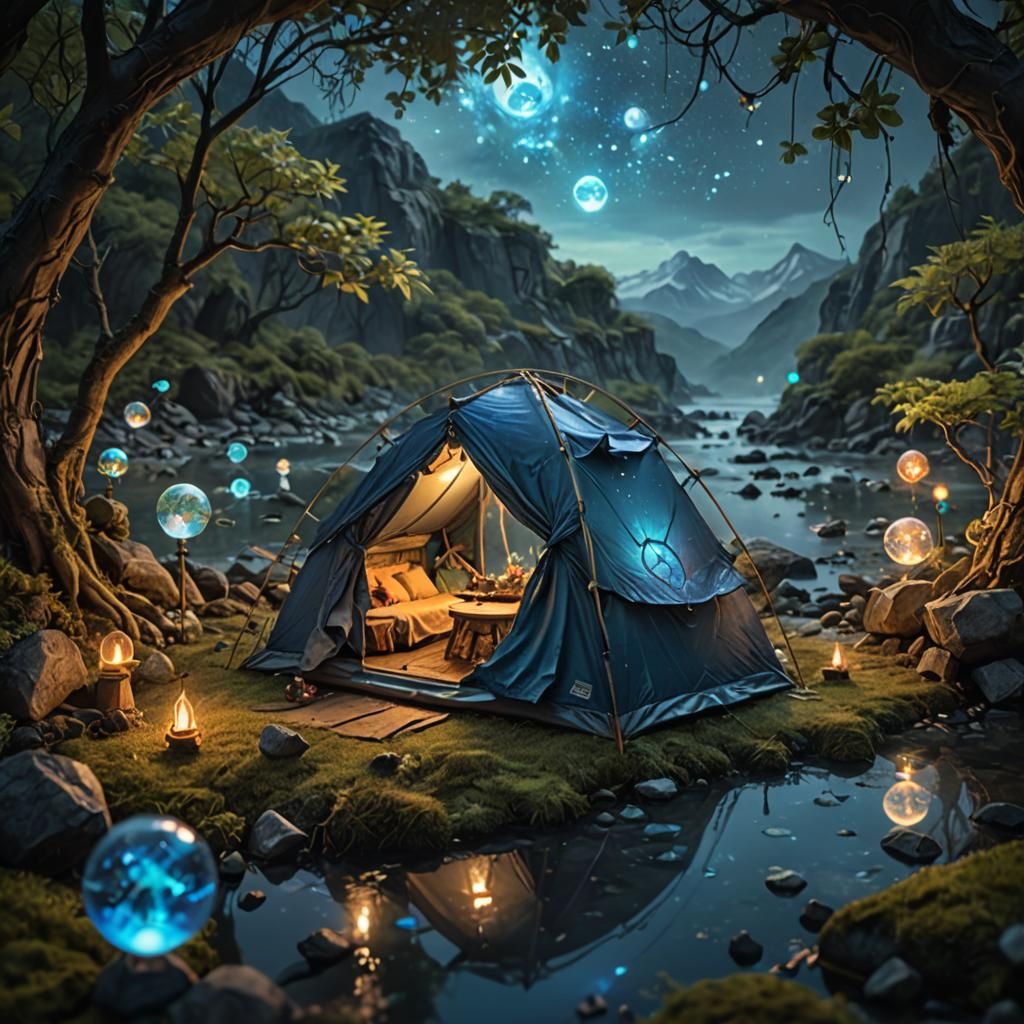 Miniature Tent Near River with Bioluminescent Details