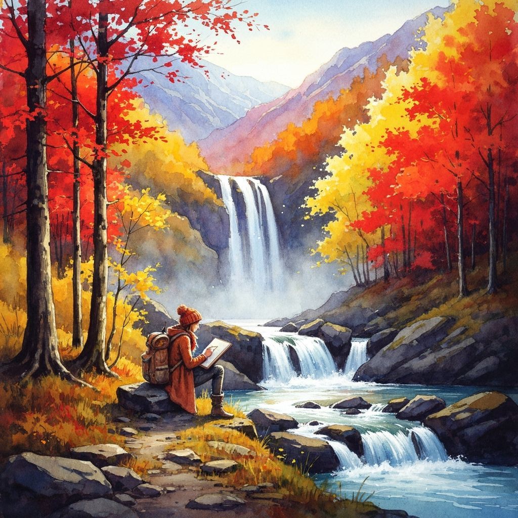 Female Traveler Sketches Autumn Cascade in Watercolor Style