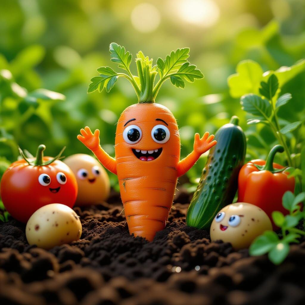 Vegetable Garden with Carrot Creature in Photorealistic Styl...