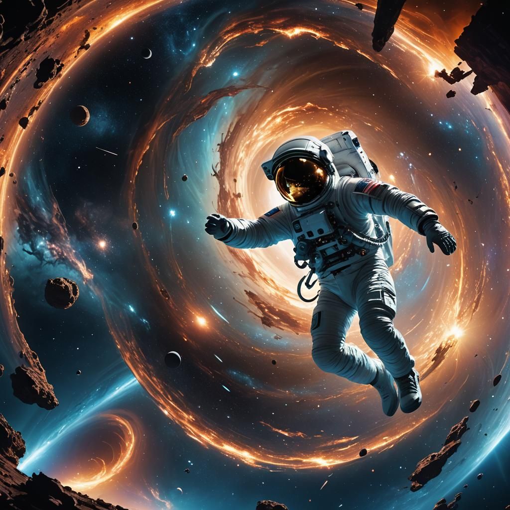 Astronaut Floating Near Black Hole in Deep Space