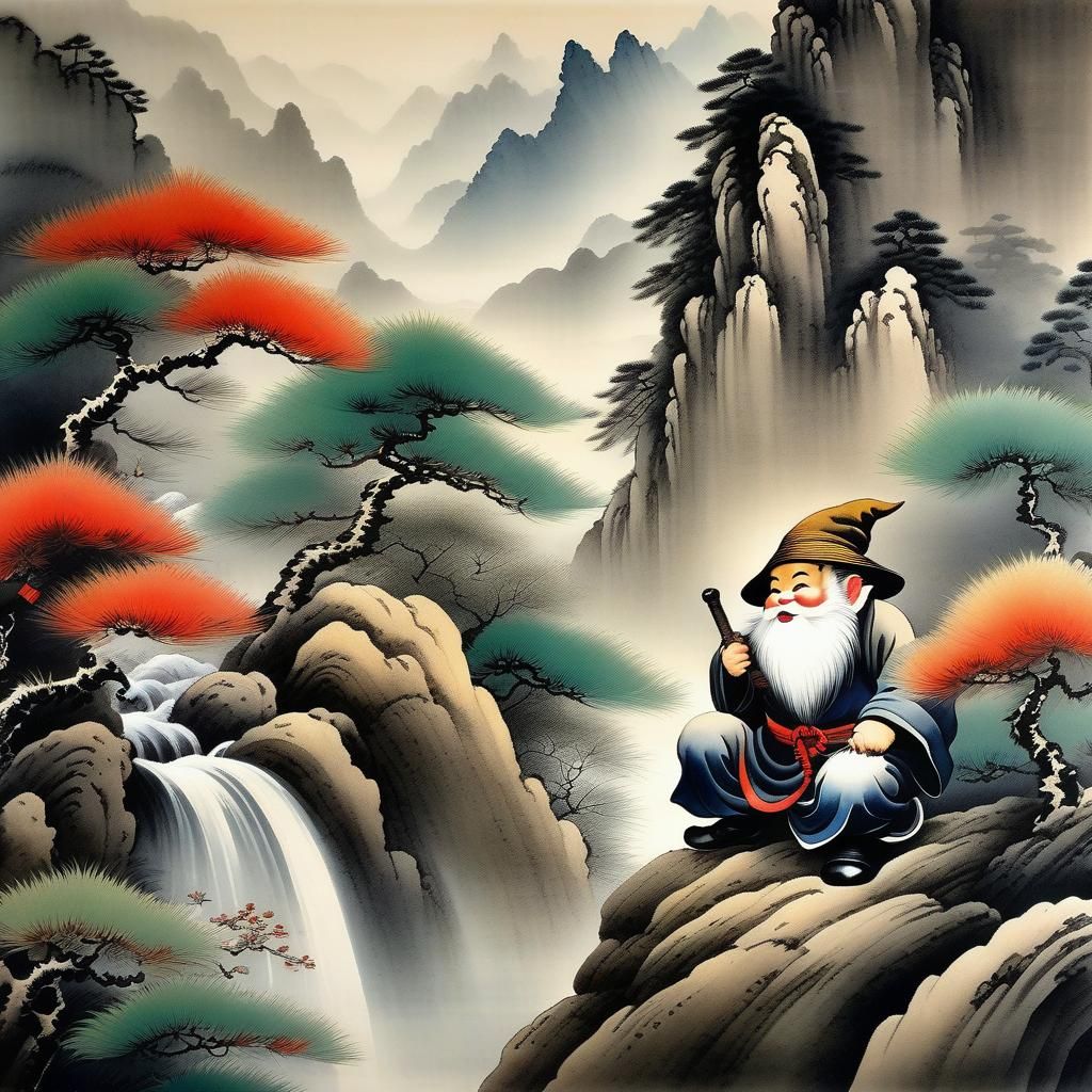 Garden Gnome Climbing Mountains in Chinese Painting