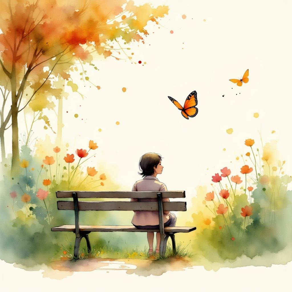 Peaceful Garden Scene with Butterfly in Watercolor