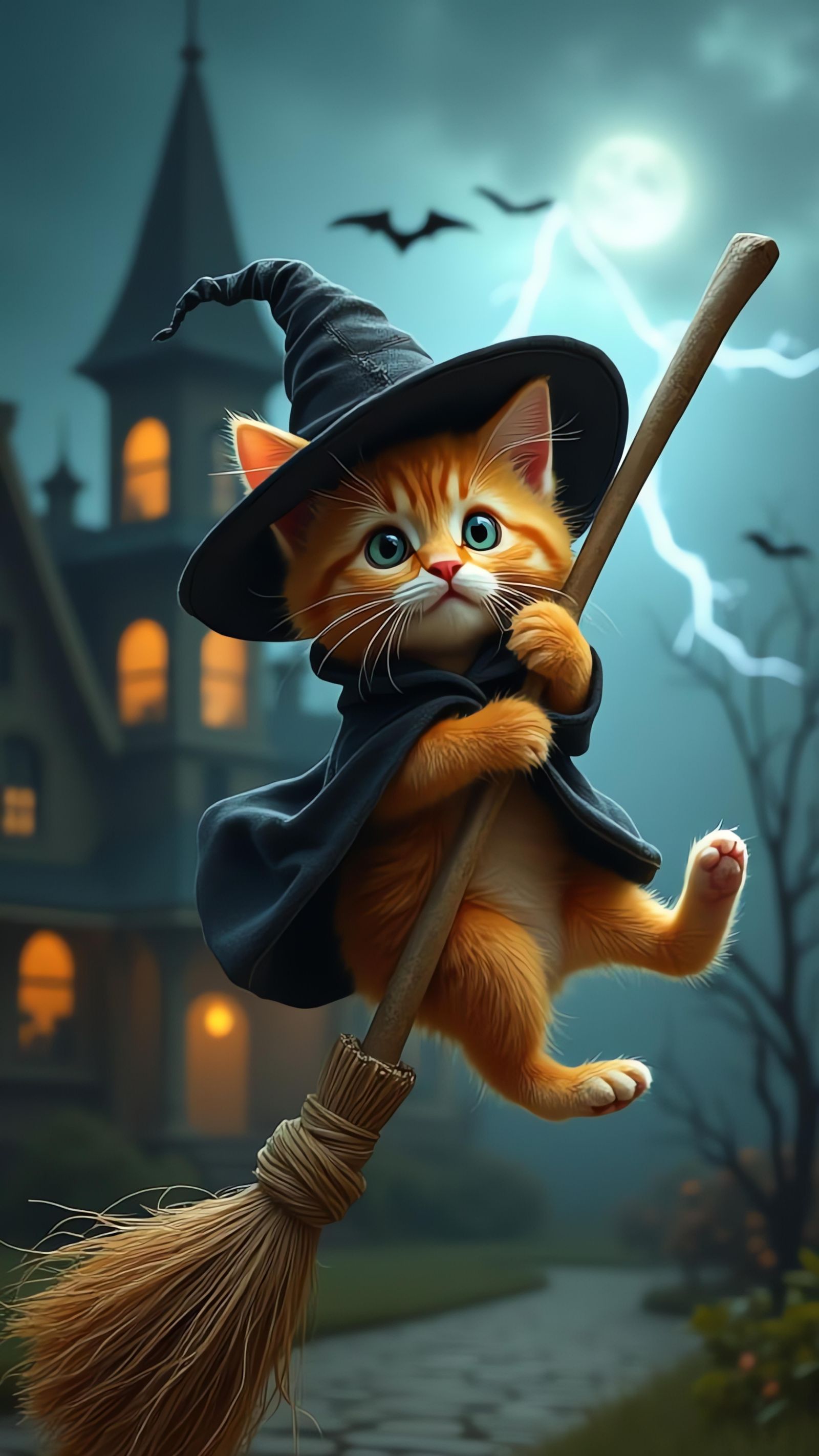 Ginger Witch Kitten's Wild Broomstick Ride: Anime Art