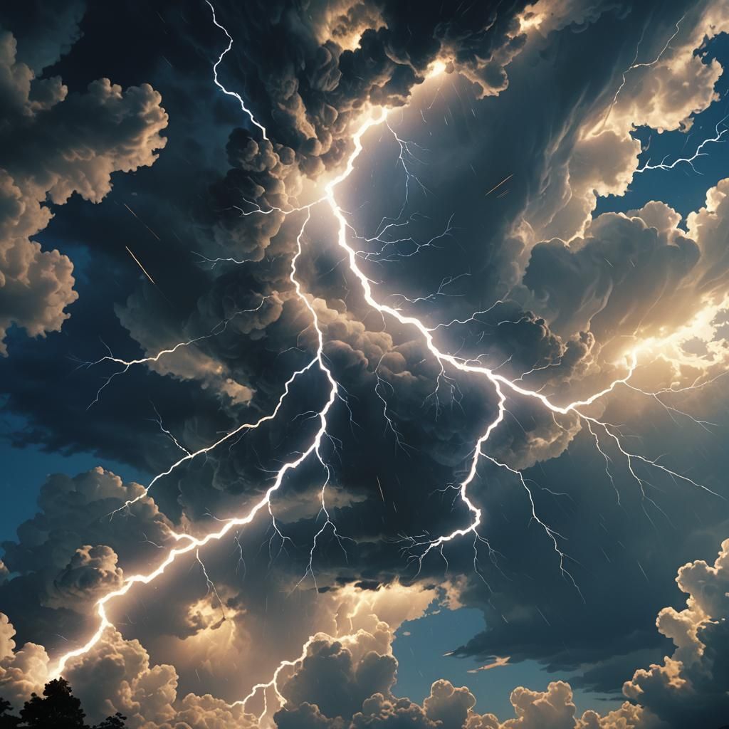 Dramatic Thunderbolt in Anime Style Night Sky