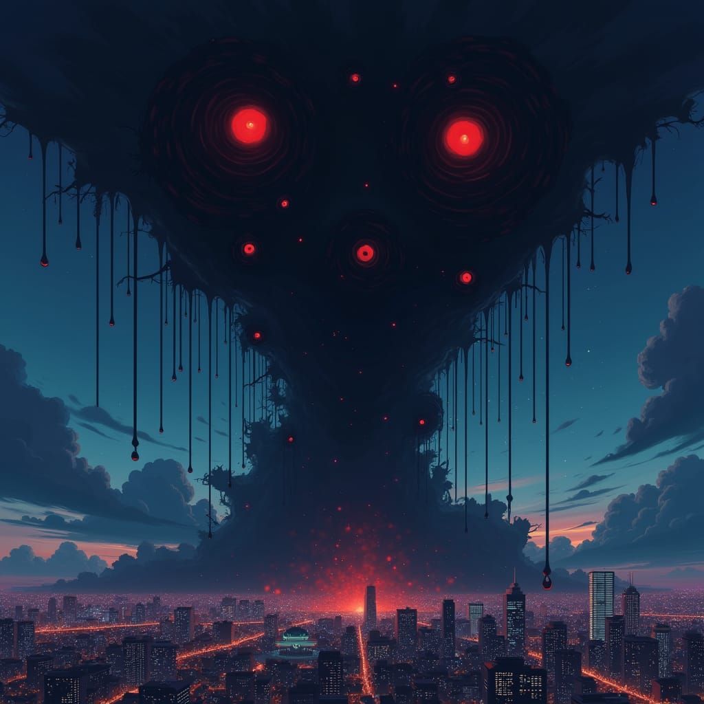 Black Liquid Eyes Drip Over Cityscape in Manga Style