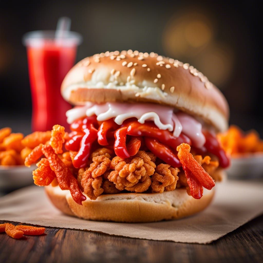 Fried chicken sandwich topped with Flaming Hot Cheetos