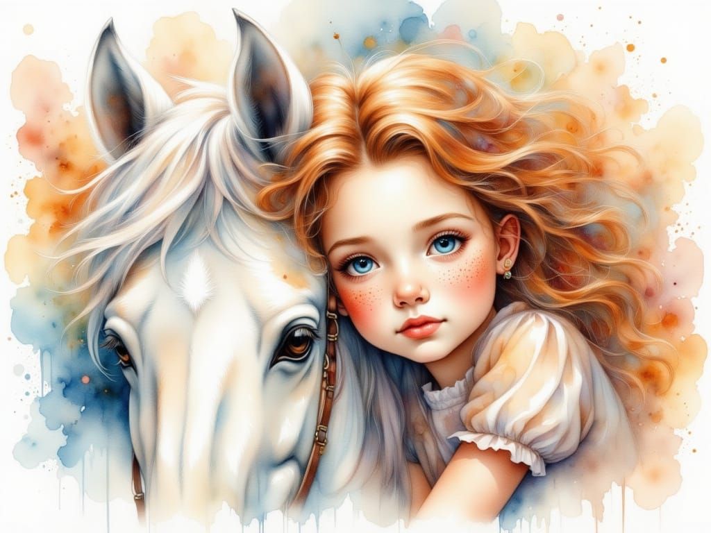 Girl and White Horse in Ethereal Watercolor