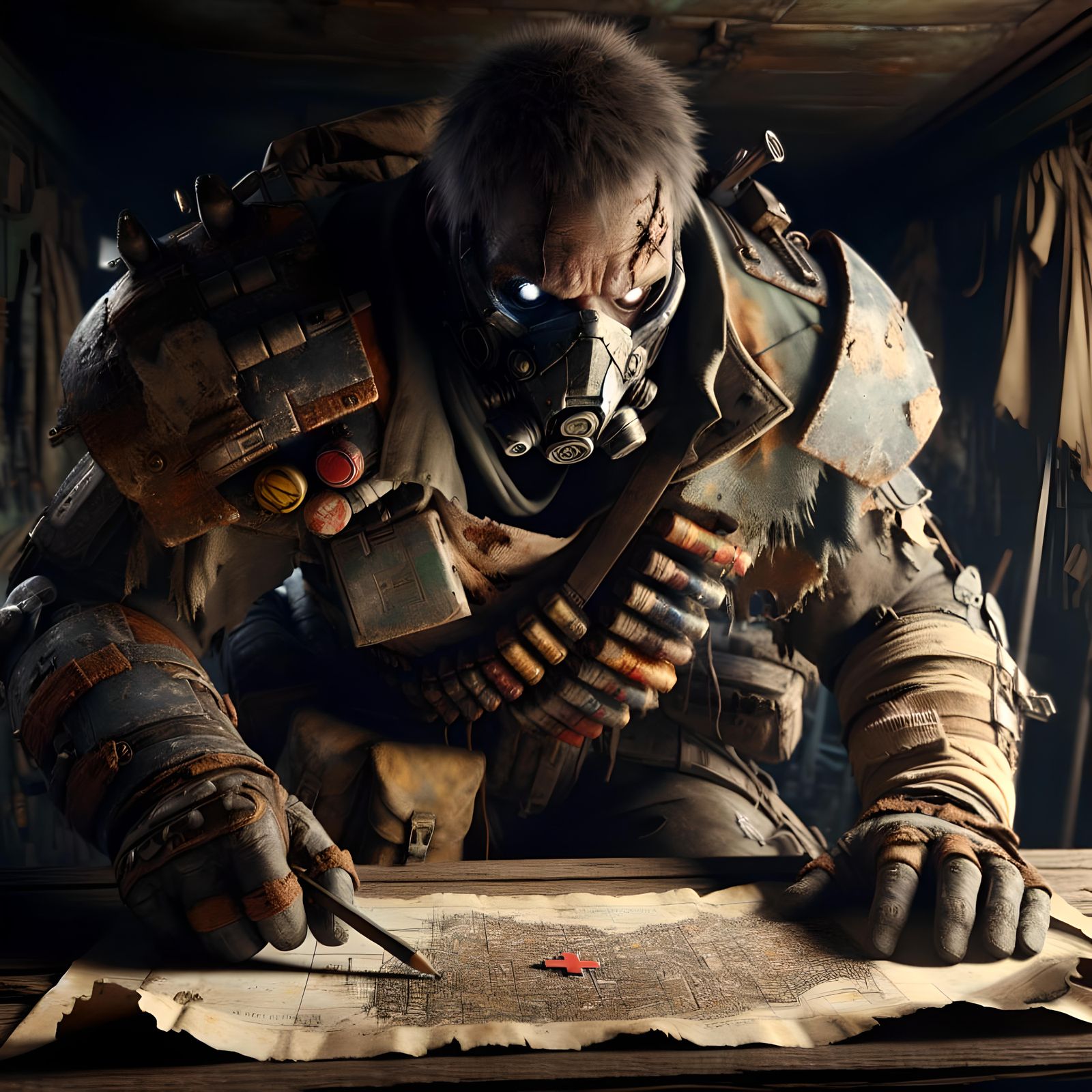 Menacing Survivor Examines Map in Post-Apocalyptic Scene