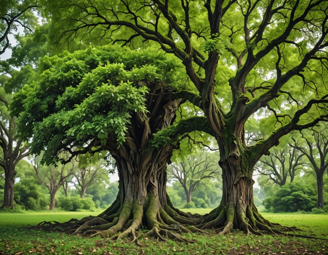 A tree with one side lush and green with leaves, and the other side bare