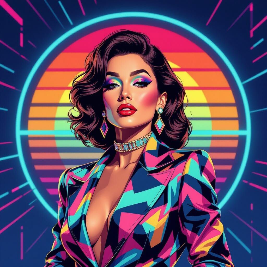 80s Album Art Portrait of Cross-Dresser in Neon Patterns