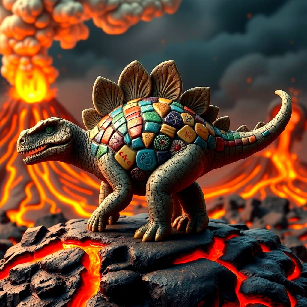 Surreal Clay Stegosaurus on a Volcanic Plateau in Vibrant Co...