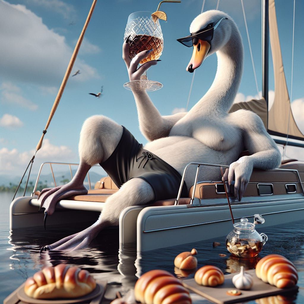 Anthropomorphic Swan on Catamaran with Wine