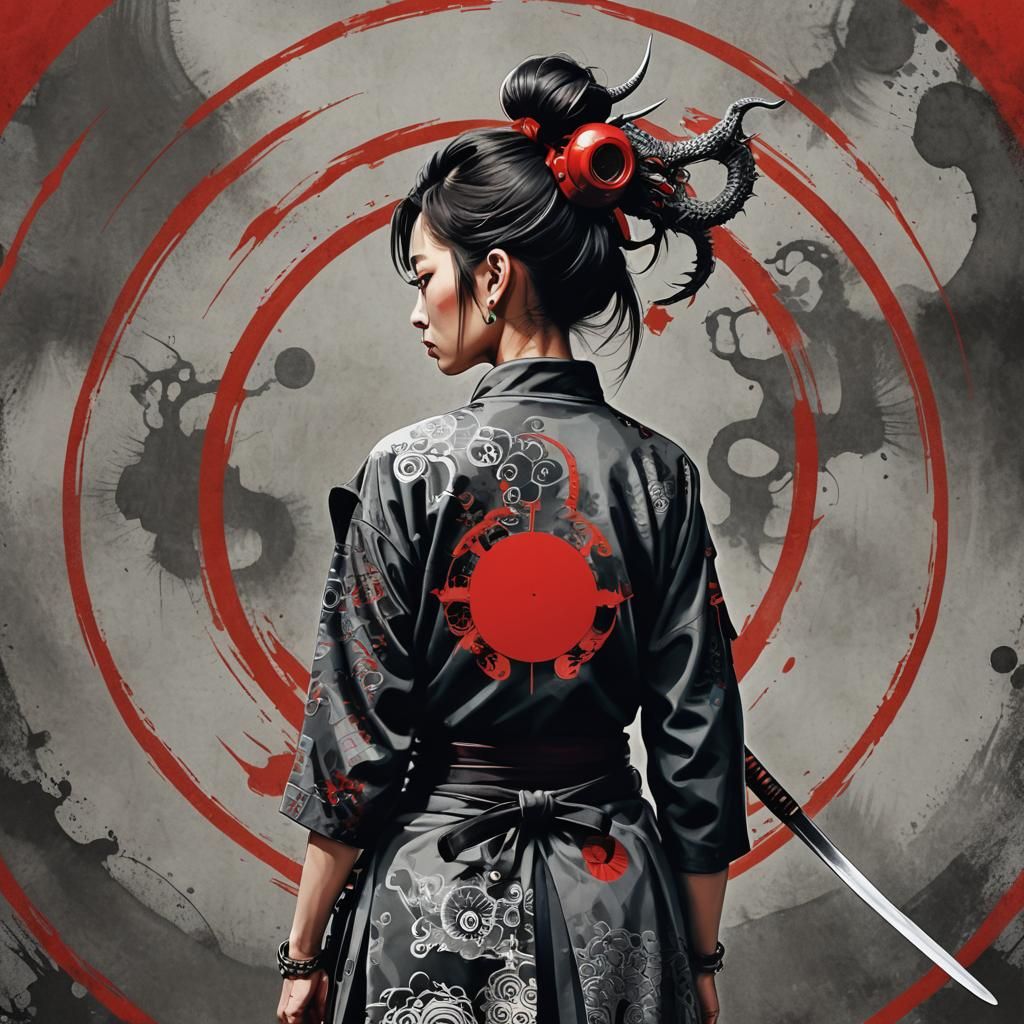 A bichromatic image of a female figure standing in front of a bold red circle. The woman is standing with her back towar...