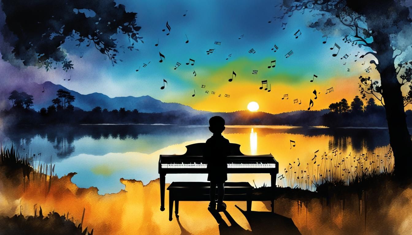 Silhouette Fantasy: Boy Plays Keyboard at Sunset