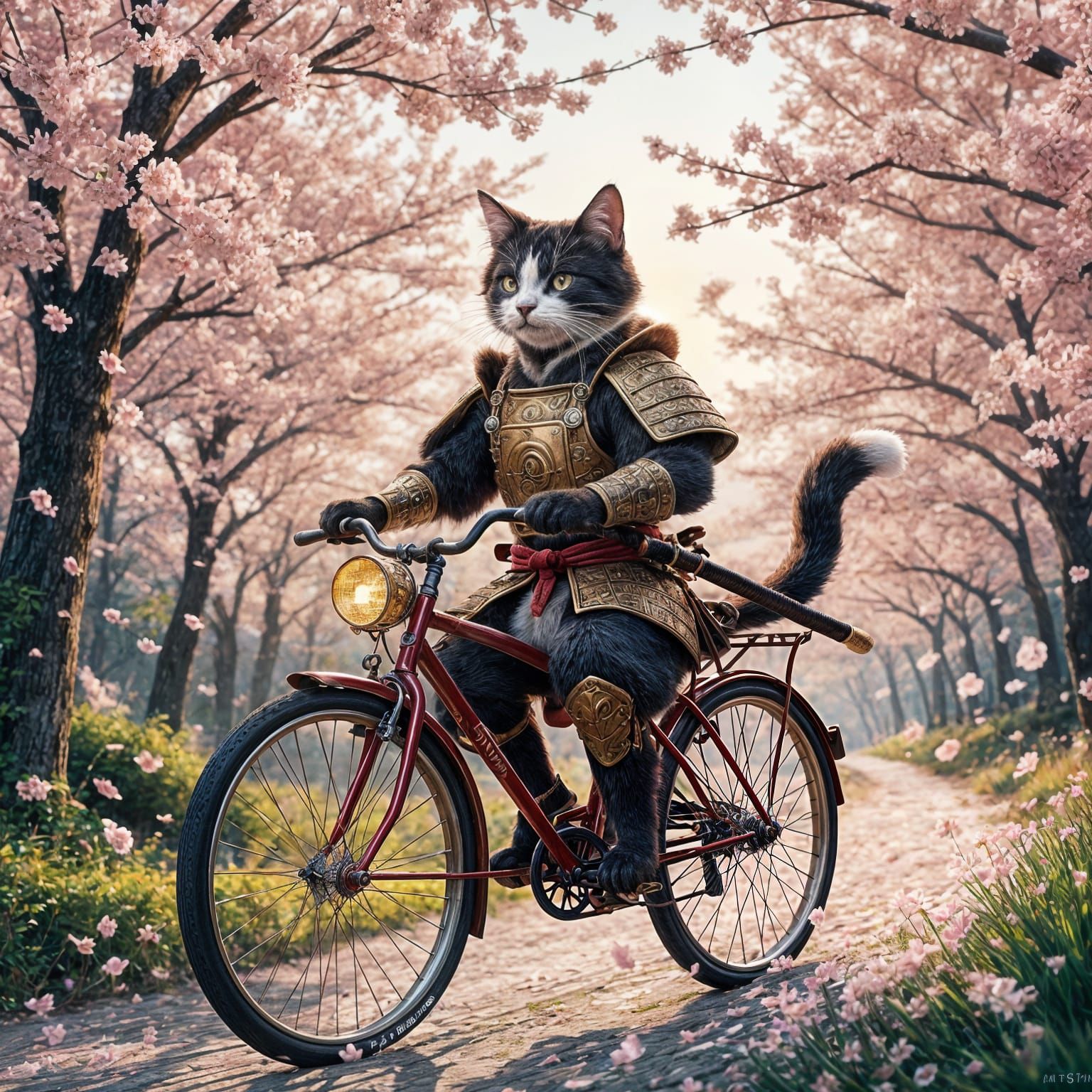 Samurai Cat on Penny-Farthing Bicycle in Blossom Forest