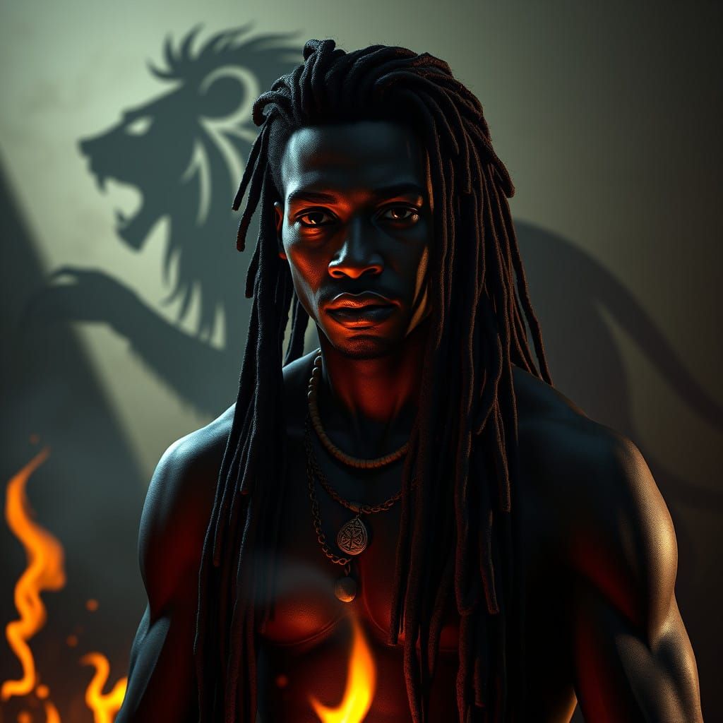 Fantastical Lion and Warrior in Warm Glow of Campfire