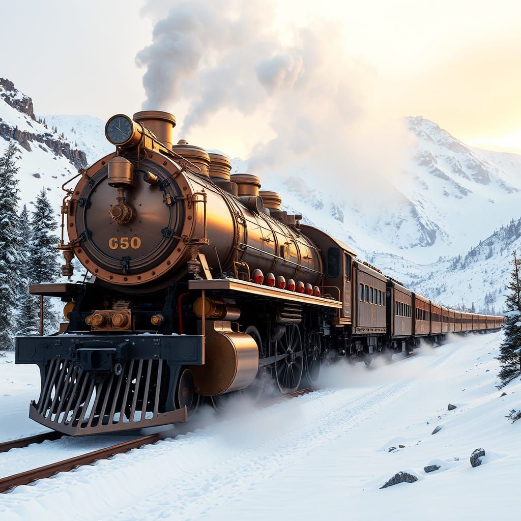 Steam Locomotive in Industrial Futurist Style Charges Throug...