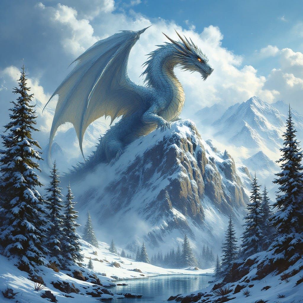 Dragon of Ancient Wisdom on Snow-Capped Mountain Throne