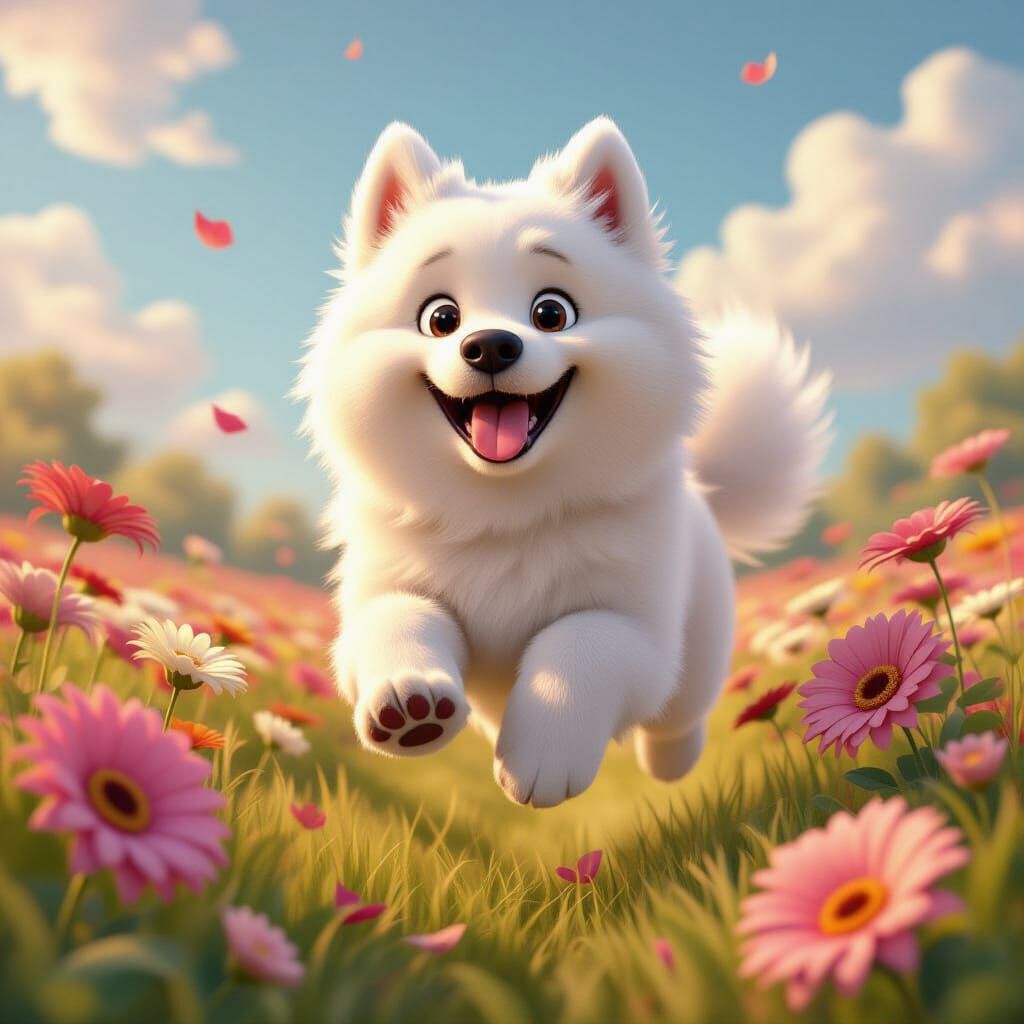 Joyful Samoyed Leaping Through Gerberas in Pixar Style