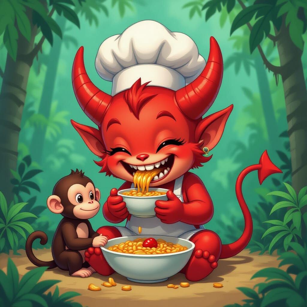 Adorable Devil Eats Monkey in Vibrant Jungle