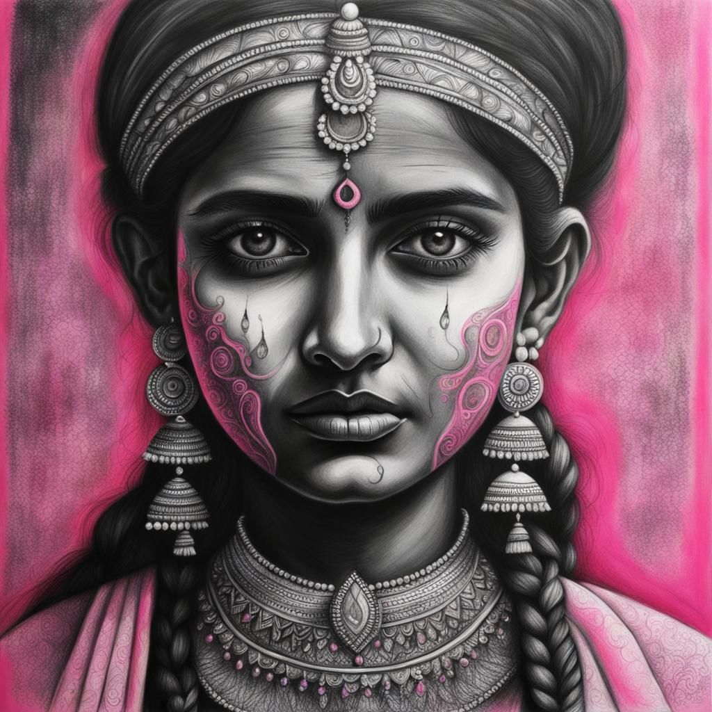 Detailed Charcoal Drawing of Young Indian Girl