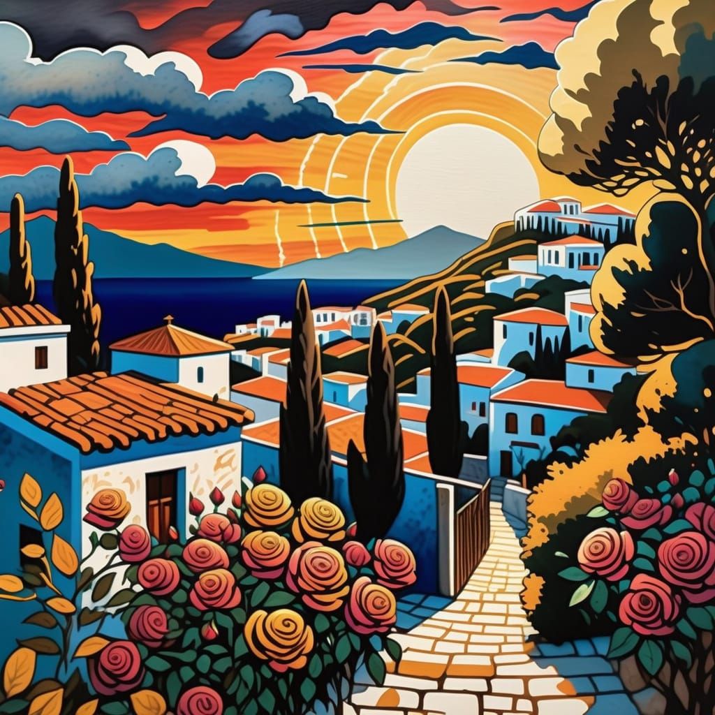 Impressionist Masterpiece: Greek Village Twilight with Roses
