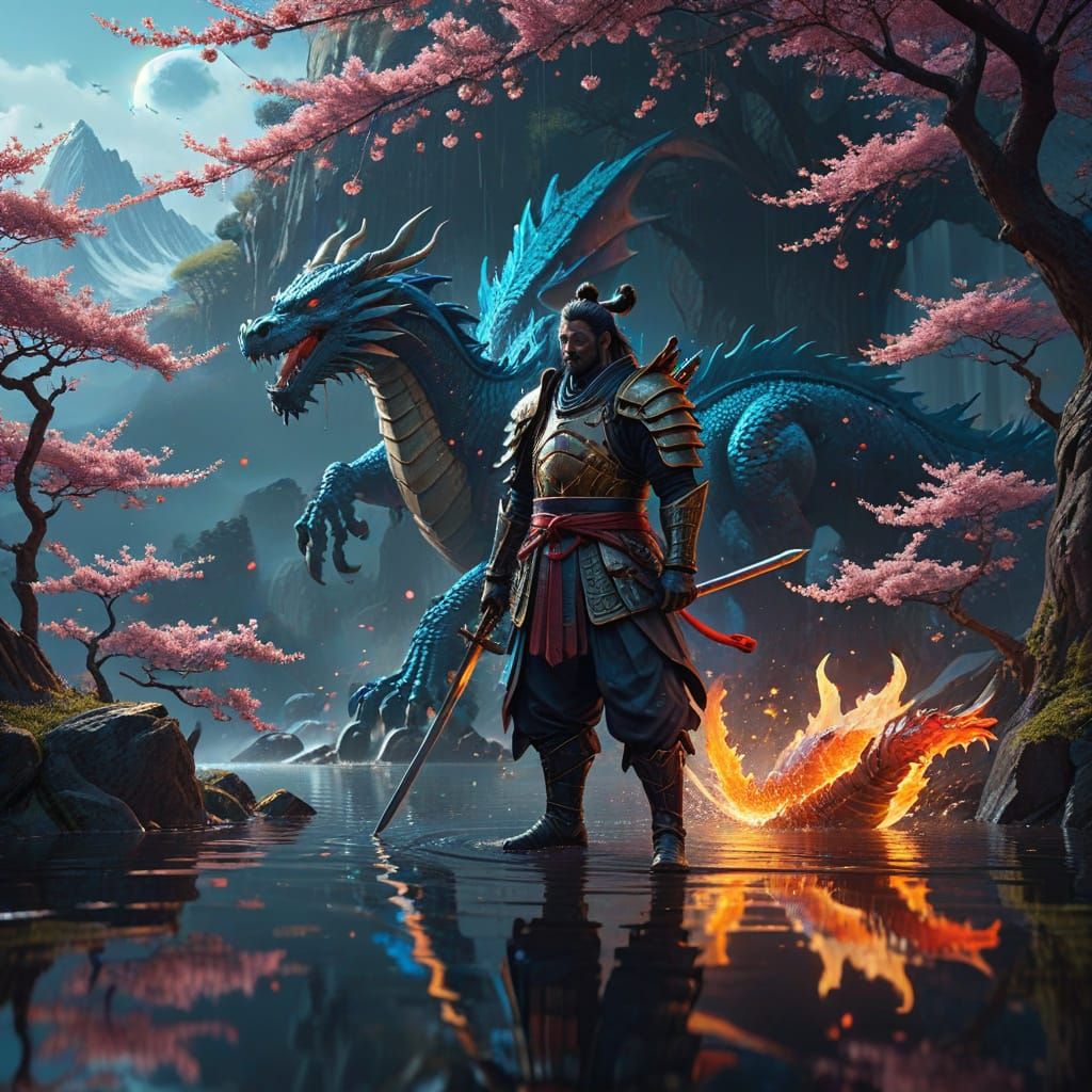 Samurai and Dragon Reflection in Matte Painting Style