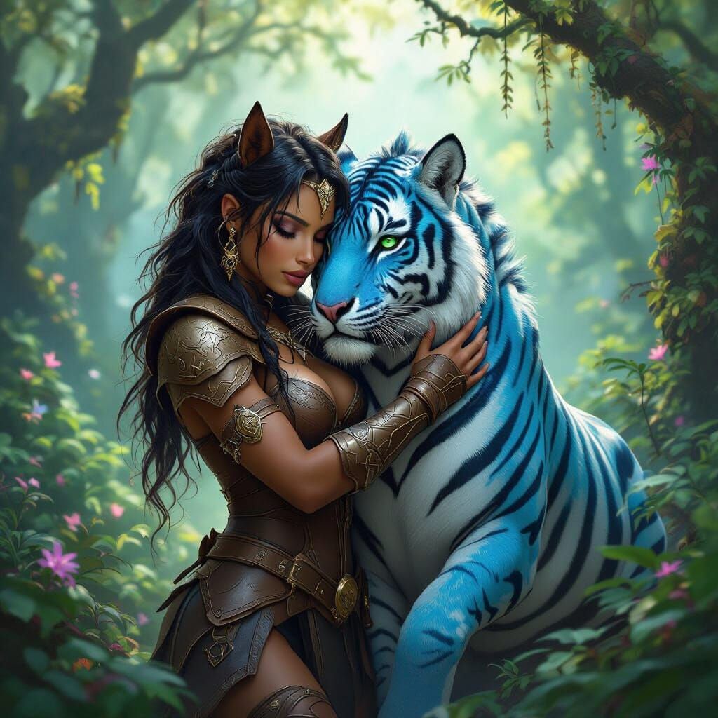 Fantasy Hybrid Woman and Tiger Man Embrace in Enchanted Fore...