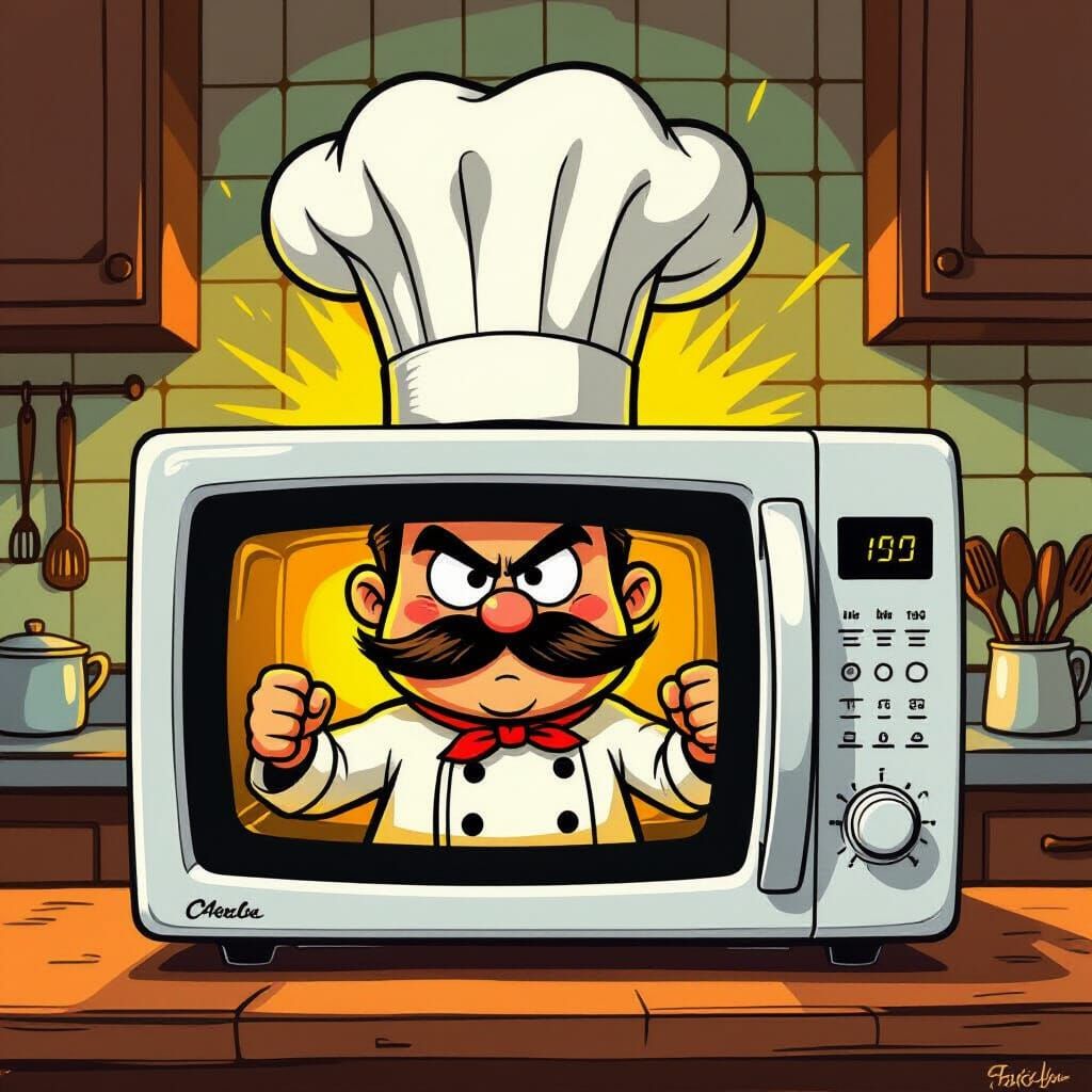 Magical Microwave Chef Illustration with Golden Hour Light