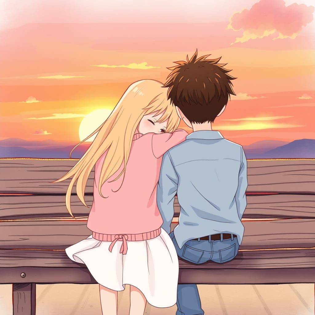 Whimsical Sunset Scene in Anime Style