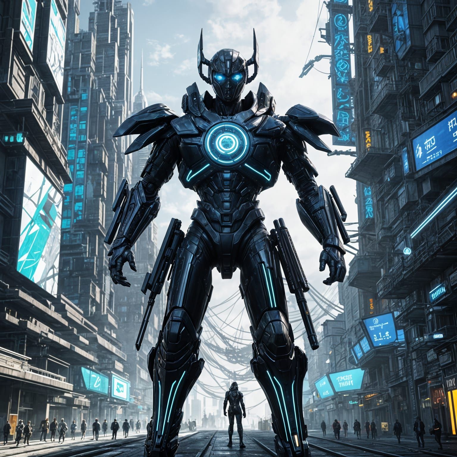 Cyberpunk Hero in High-Tech Exosuit Stands Against Dark City...