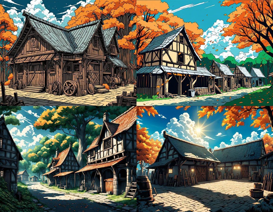 Medieval Fantasy Blacksmith Shop Under Orange Leaves