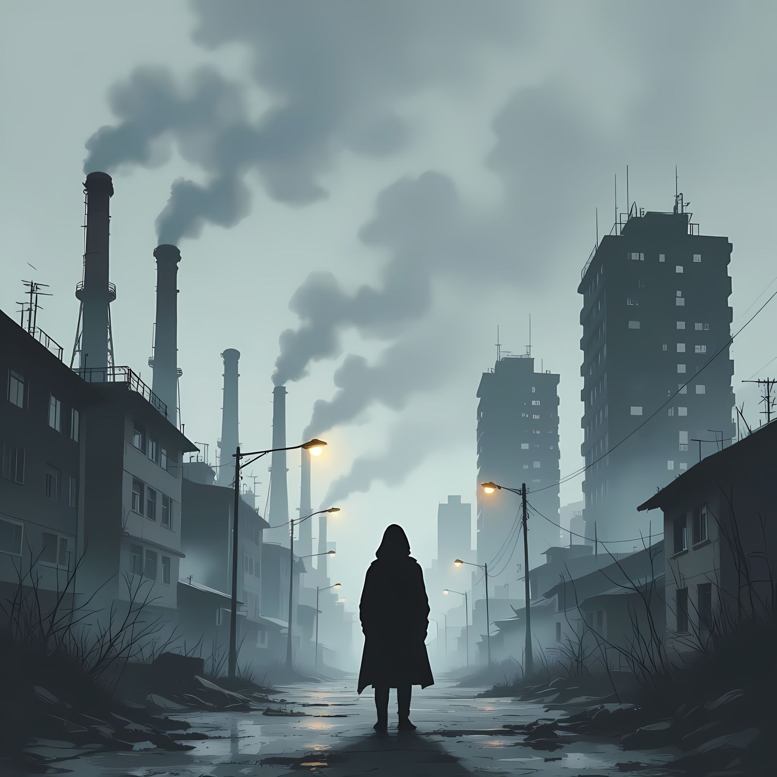 Shadowed Figure in Dystopian Soviet-Style Cityscape