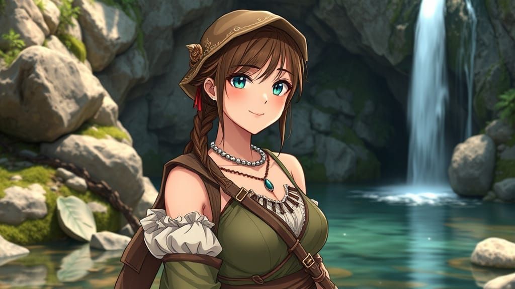 Anime Archaeologist Girl Poses in Front of a Breathtaking Wa...