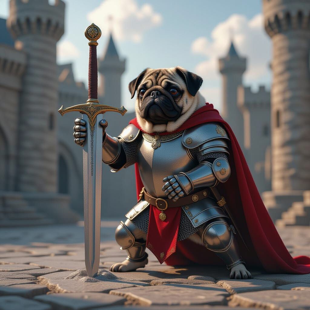 Pug Knight Pulls Excalibur From Stone