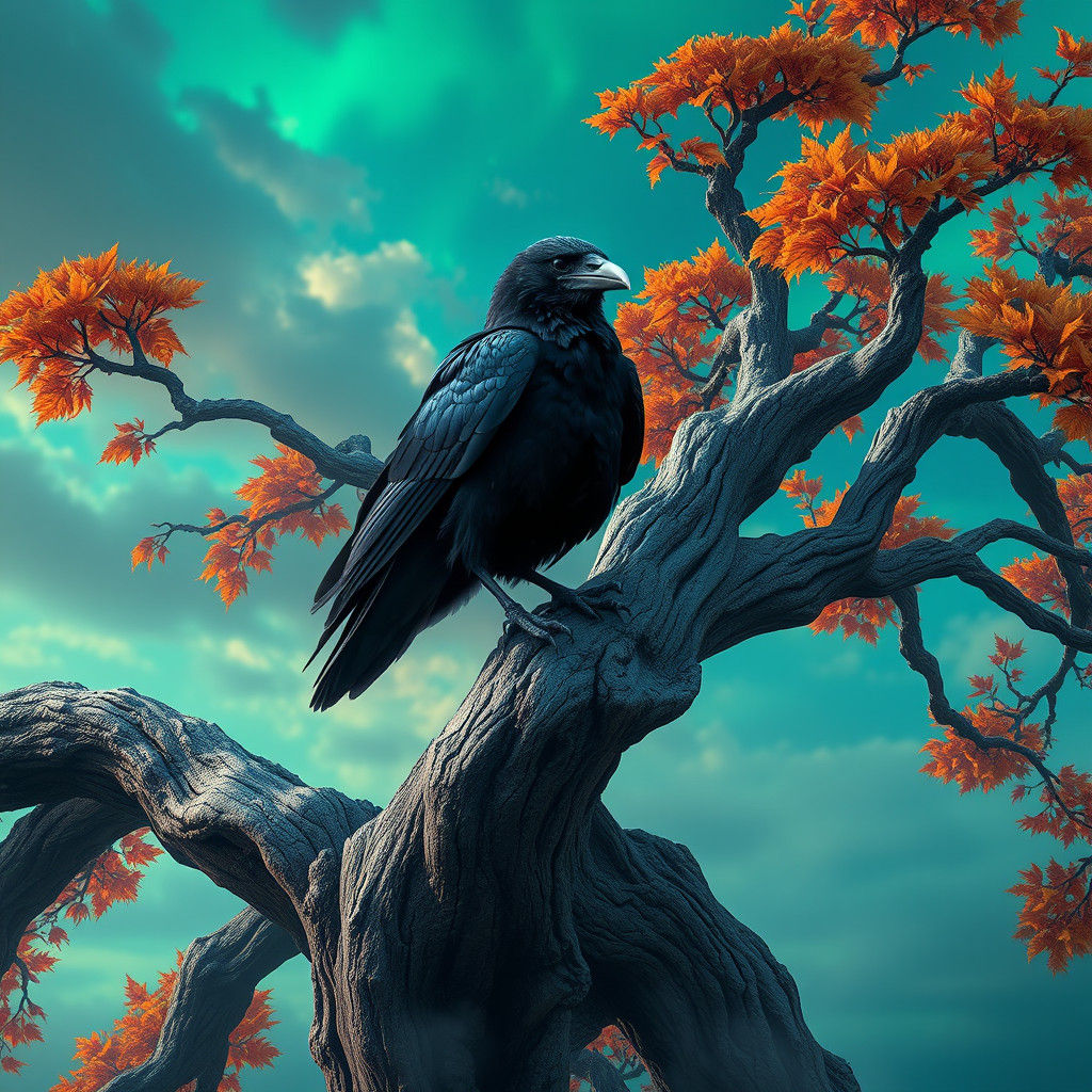 Majestic Raven on Ancient Tree: Fantasy Art